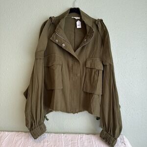 Easel Olive Green Cotton Zip Up, Snap Flap Moto Jacket Military,Fairy Grunge M